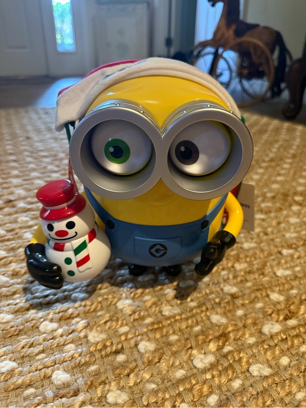 Universal Yellow Minion Holiday Popcorn Bucket with Blue Overalls and Snowman